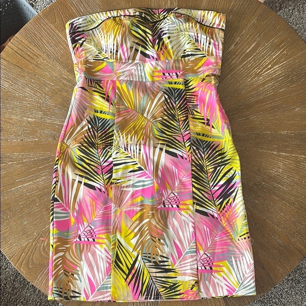 H&M Tropical Dress Strapless Pink Yellow Brown Size 6